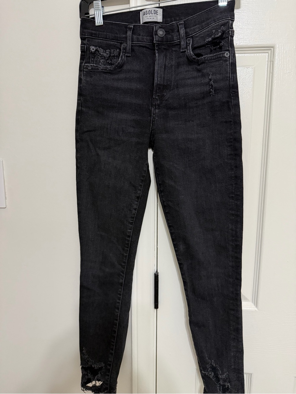 Agolde Black High-Rise Skinny Jeans with Distressed Hem